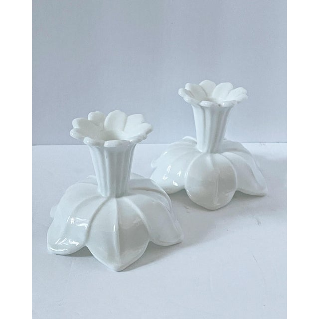 MidCentury Milk Glass Candle Stick Holders in the Shape of a Flower