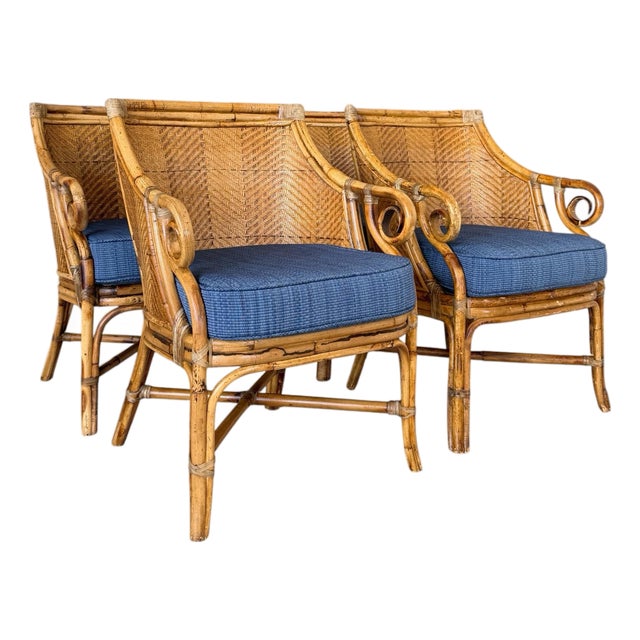 Set of Four Vintage Rustic Rattan Dining Armchairs by Henry Link With Original Cushions For Sale