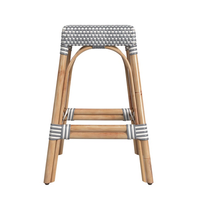 2020s Robias 24.5 in. Seat Height Rectangular Rattan Backless Counter Stool with Footrest, White/Gray Dot / Natural Rattan Frame For Sale - Image 5 of 7