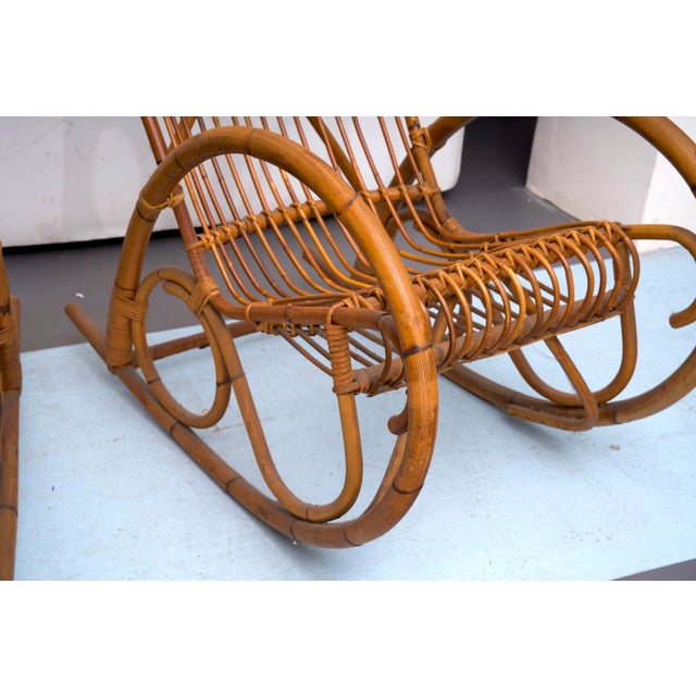 Set of Rattan and Bamboo Rocking Chairs in the style of Franco Albini, Italy, 1950s For Sale - Image 6 of 17