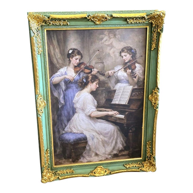 French Rococo Romantic Music Scene Wall Art With Hand-Gilded Gold Leaf Frame in Sage Green Finish For Sale