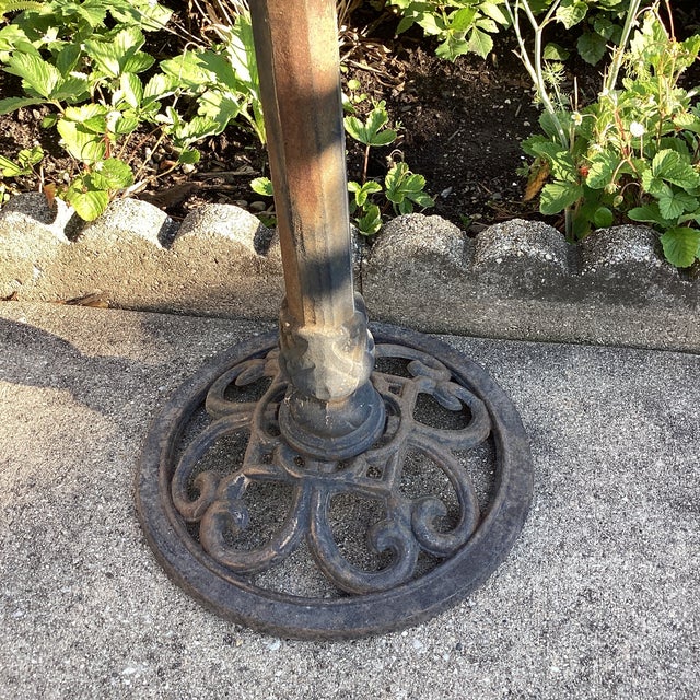 French Provincial Vintage Bird Bath Aluminum With Iron Filigree Base and Perching Bird Sculpture For Sale - Image 3 of 12