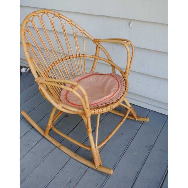 Vintage Small Adult Rattan Bamboo Fan Back Rocking Rocker Chair 1960's For Sale - Image 6 of 6