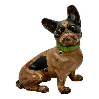 Vintage 1930s Hubley Manufacturing Co. Cast Iron French Bulldog Doorstop Unusual Green Collar For Sale