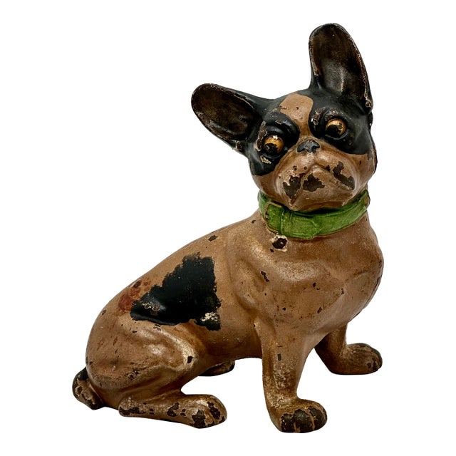 Vintage 1930s Hubley Manufacturing Co. Cast Iron French Bulldog Doorstop Unusual Green Collar For Sale