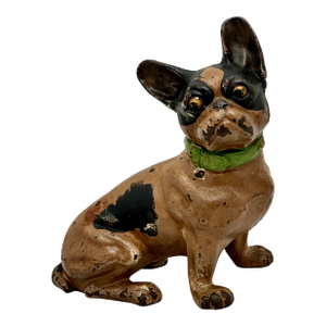 Vintage 1930s Hubley Manufacturing Co. Cast Iron French Bulldog Doorstop Unusual Green Collar