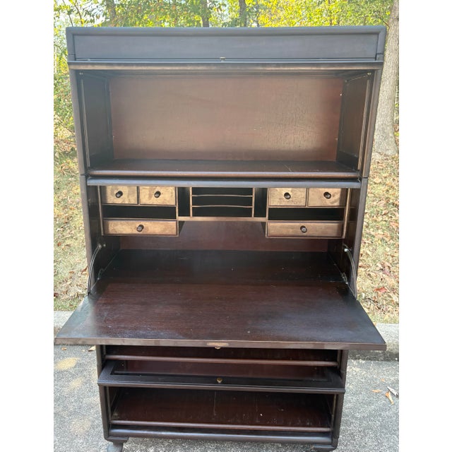 Wood Antique Lawyers Barrister Bookcase With Secretary Desk For Sale - Image 7 of 12