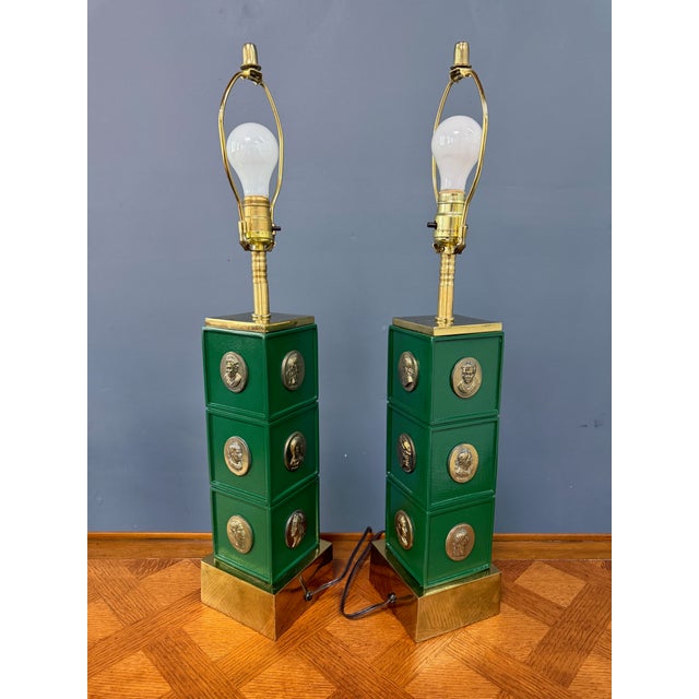 1970s Neoclassical Style Green Column Lamps With Brass Medallions W/Brass Base - a Pair For Sale - Image 11 of 11
