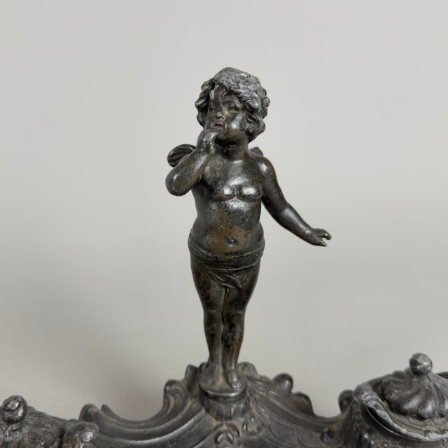 Metal Inkwell for Writing Desk with Winged Putto in Burnished Antimony, 20th Century For Sale - Image 7 of 12