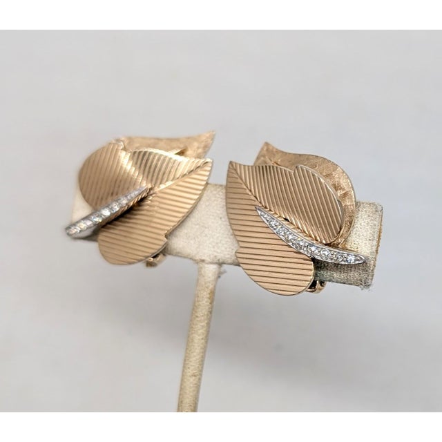 Gold Vintage Signed Boucher Goldtone Leaves With Clear Rhinestones Clip Earrings-2 Pieces For Sale - Image 8 of 12