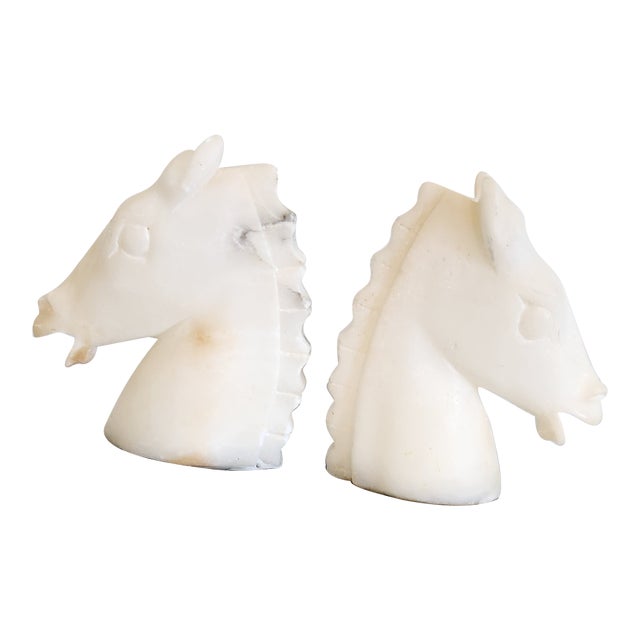 Vintage Carved Marble Horse Head Bookends, Pair For Sale