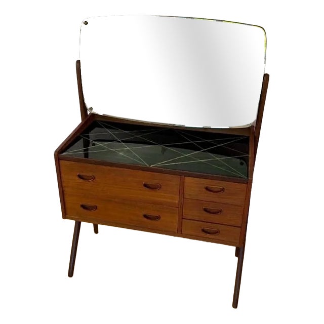 Danish Teak Dressing Table with Five Drawers and Mirror, 1950s For Sale