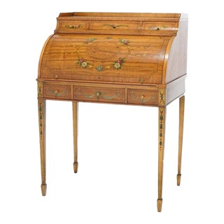 Antique Adam Decorated Satinwood Ladies Cylinder Desk, Circa 1900 For Sale