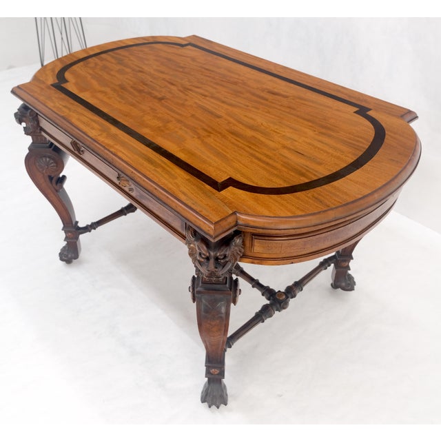Carved Lion Face & Foot Legs Renaissance Revival Inlaid Walnut Center Table MINT For Sale - Image 16 of 16
