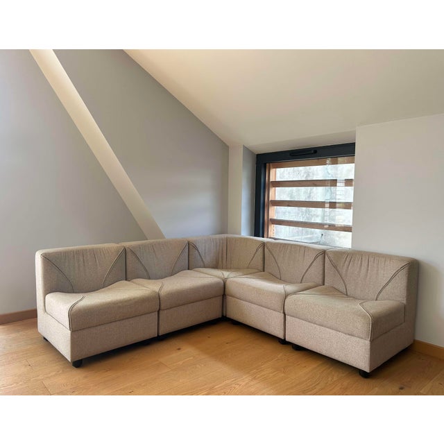 Vintage Modular Armchairs and Coffee Table in Beige and Brown Wool, Germany, 1970s, Set of 6 For Sale - Image 18 of 18