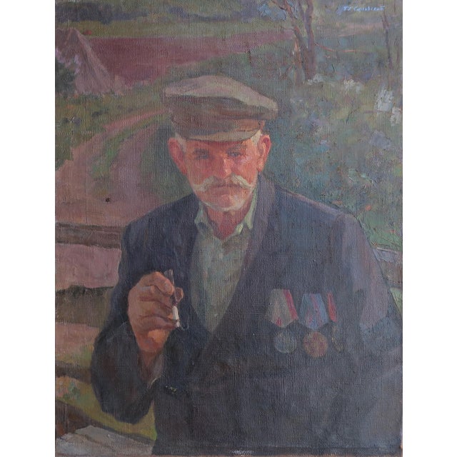 Vintage Soviet Man Portrait Oil Painting, Ukrainian Artist, Socialist Realism 97-74 For Sale