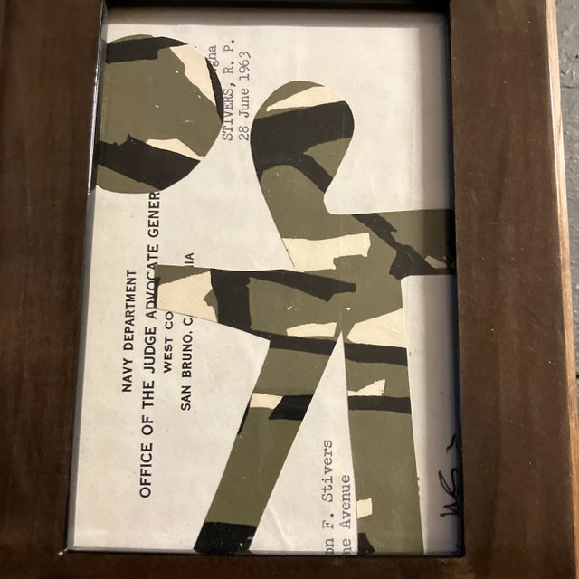 Original 4 x 6 collage done with vintage papers signed bottom right Overall size with vintage tabletop frame is 6 x 8