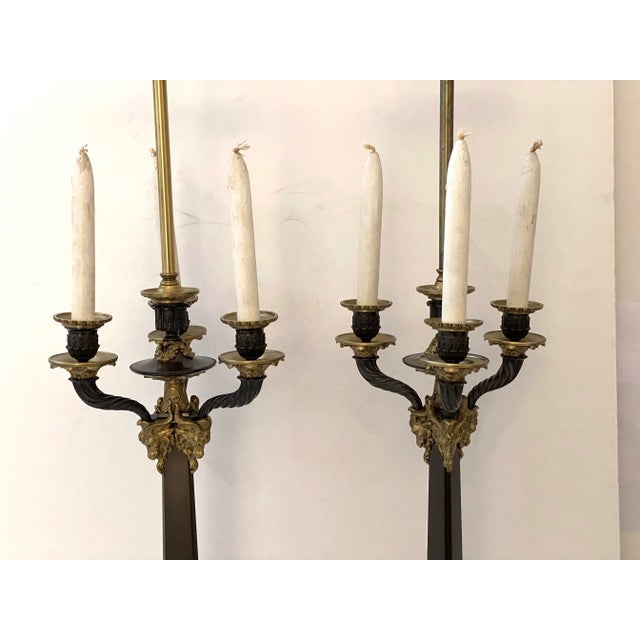 Wood Pair of French Empire Revival Candelabra Lamps Bronze For Sale - Image 7 of 13