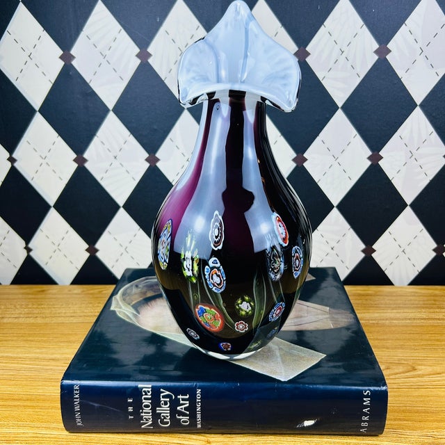 Large Amethyst Blown Art Glass Vase With Millefiori Floral Murrine, 13" For Sale - Image 4 of 11
