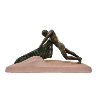 Max Le Verrier, Art Deco Nude Male Figure Pushing a Boat, 1930s, Metal For Sale