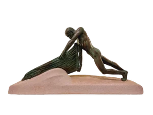 Max Le Verrier, Art Deco Nude Male Figure Pushing a Boat, 1930s, Metal