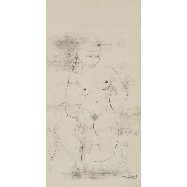Abstract nude figurative drawing by George Giusti, (Italian 1908-1990). India ink on gesso patterned drawing paper created...