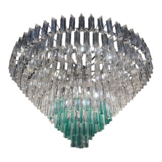 Contemporary Clear "Triedro" Murano Glass Chandelier With Greeen Quadriedro For Sale