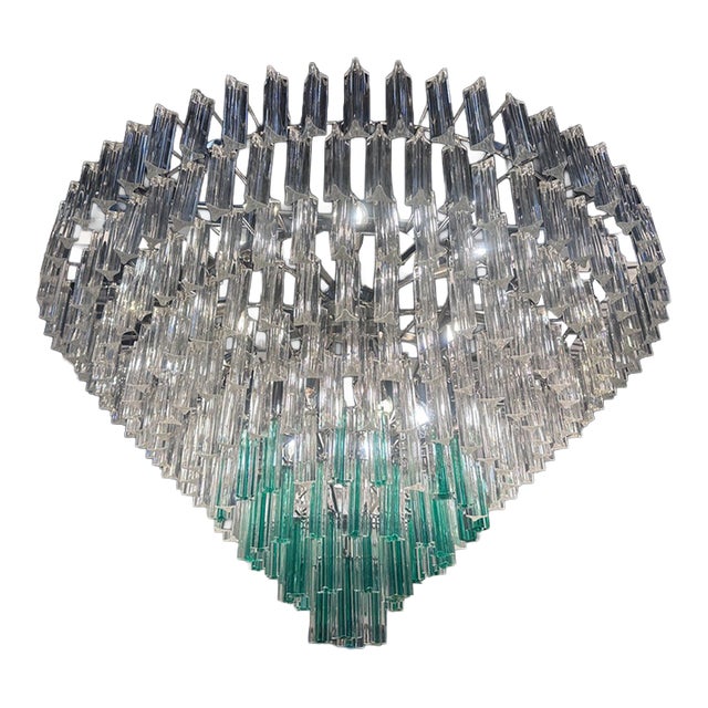 Contemporary Clear "Triedro" Murano Glass Chandelier With Greeen Quadriedro For Sale