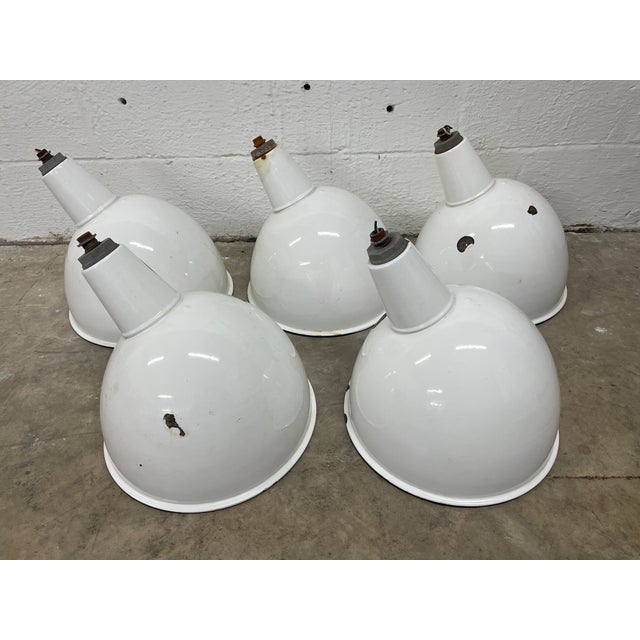 1950s White Porcelain Enamel Printing Press Factory Pendant Shades - Set of 5 For Sale - Image 9 of 9