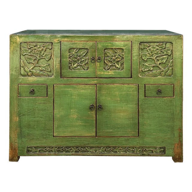 Oriental Distressed Lime Green Floral Carving Credenza Storage Cabinet For Sale
