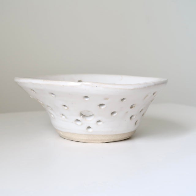 Handmade White Studio Pottery Decorative Ceramic Colander Berry Bowl For Sale - Image 9 of 12
