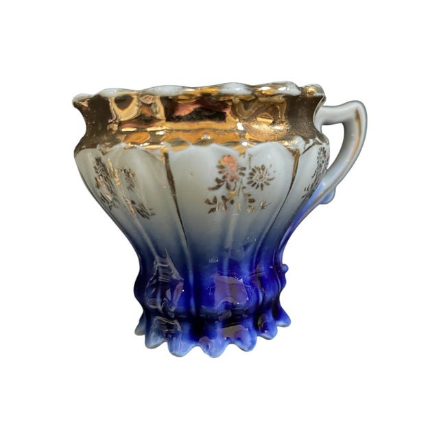 Art Nouveau Vintage/Antique German Cobalt Flow Blue/Gold Demitasse Mini Teacup & Saucer For Sale - Image 3 of 8