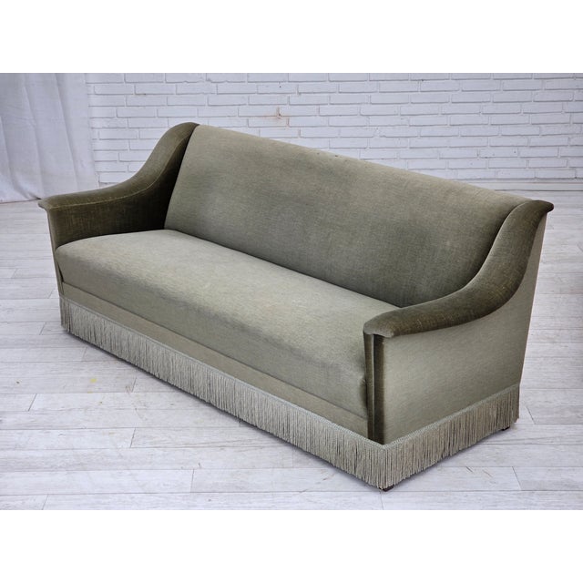 Vintage Danish Three-Seater Sofa in Green Furniture Velour and Beech Wood, 1970s For Sale - Image 16 of 18