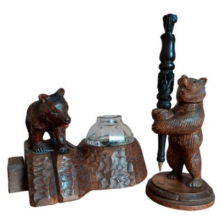 Black Forest Bear Inkwell & Standing Bear Width Pencil, 1950, Set of 2 For Sale