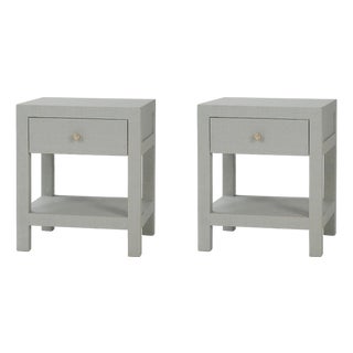 Pair of Pale Blue Wash Raffia Wrapped Nightstands For Sale