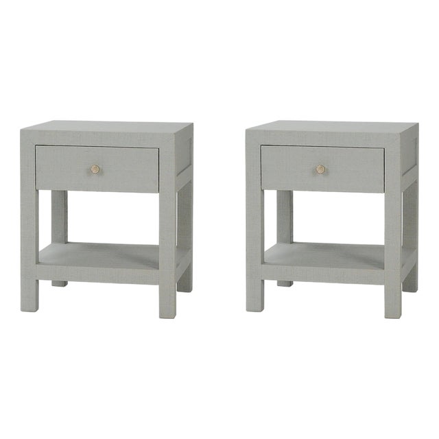 Pair of Pale Blue Wash Raffia Wrapped Nightstands For Sale