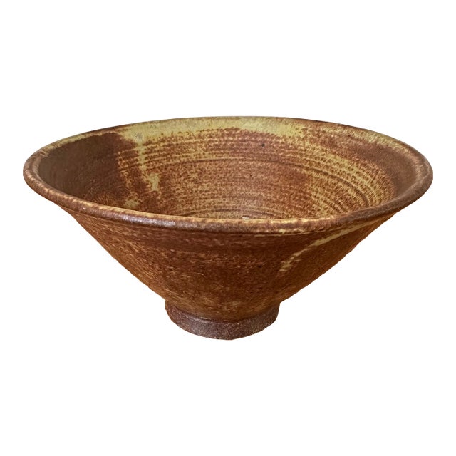 Vintage 1970’s Signed Brown Terracotta Bowl in Bronze & Pale Green Shades For Sale