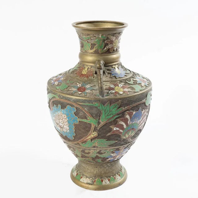 Vintage Japanese Bronze Champleve Vase With Ornate Handles For Sale - Image 4 of 11
