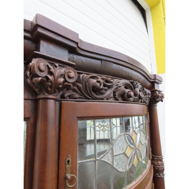 Late 1800s Large Tall Tiger Oak Leaded Stain Glass Curio Cabinet Cupboard 6573 For Sale - Image 4 of 18