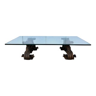 Baroque Style Rectangular Glass-Top Coffee Table With Carved Faux Wood Cast Bases For Sale