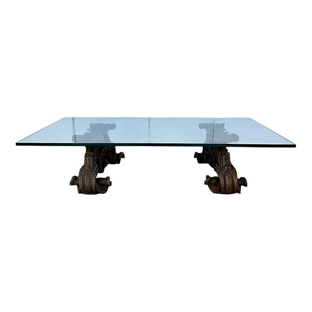 Baroque Style Rectangular Glass-Top Coffee Table With Carved Faux Wood Cast Bases For Sale