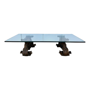 Baroque Style Rectangular Glass-Top Coffee Table With Carved Faux Wood Cast Bases