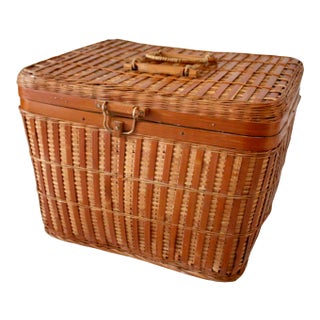 Vintage Asian Large Wicker Lidded Basket With Handles For Sale