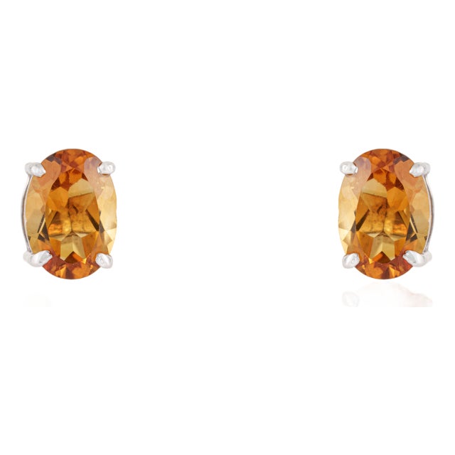 Classic Four Prong 1.49 TCW Oval Citrine Solitaire Stud Earrings in Sterling Silver - A Pair For Sale