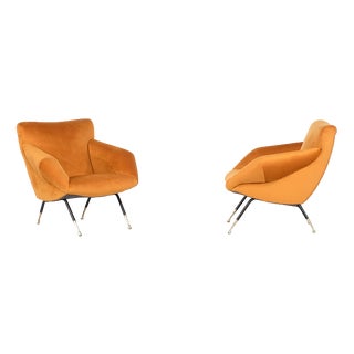 Orange Velvet Armchairs, Italy, 1960s, Set of 2 For Sale