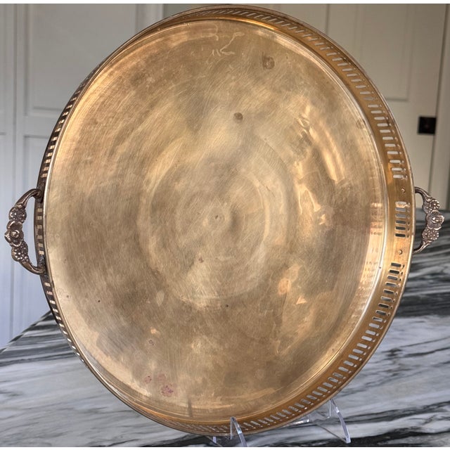 1970s Made in India Solid Brass Round Tray With Floral Motif Handles, Polished For Sale - Image 5 of 17