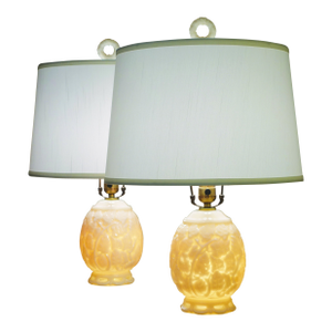 1930s Art Deco Aladdin Alacite Milk Glass Acanthus Leaves 2-Way Table Lamps - a Pair