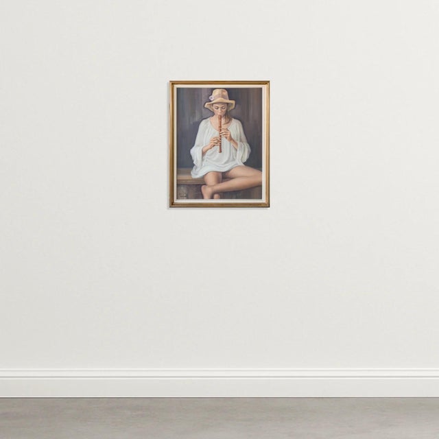 Unknown, Girl Playing Recorder Signed, 1960s, Oil on Canvas, in Very Good conditions. Designed 1960 to 1969