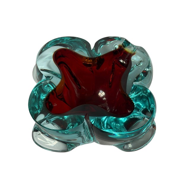 1960s 1960s Italian Murano Sommerso Ruby Red & Aqua Art Glass Bowl / Ashtray For Sale - Image 5 of 18