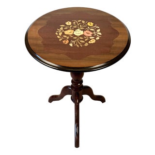Vintage Italian Rococo Floral Marquetry Fruitwood Round Side Table For Sale